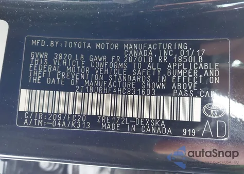 2017 Toyota Corolla Se from USA, damaged, VIN 2T1BURHE4HC831603